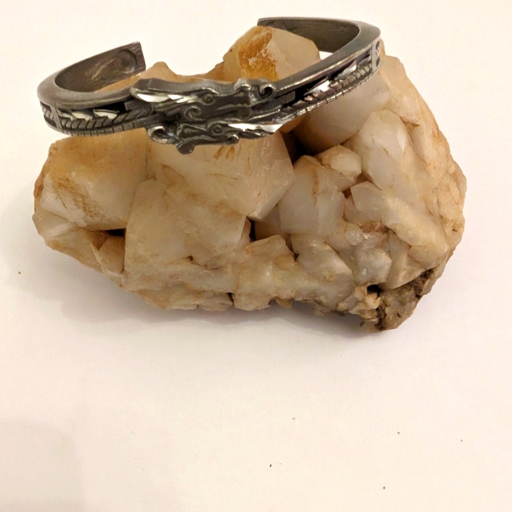 Sisk Twin Dragon Bracelet  Cuff,  Silver Tone  Pewter Bracelet